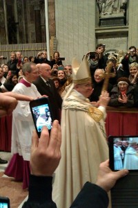 New Year's Eve Vespers with Papa F! We were right on the aisle. Ric snapped this pic with his phone. 