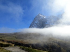 The Eiger pokes above low level clouds as we depart Kleine Scheidegg.