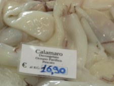 Truth in advertising, Cuneo market. This calamari (calamaro is singular) is from the Pacific, much to our surprise!